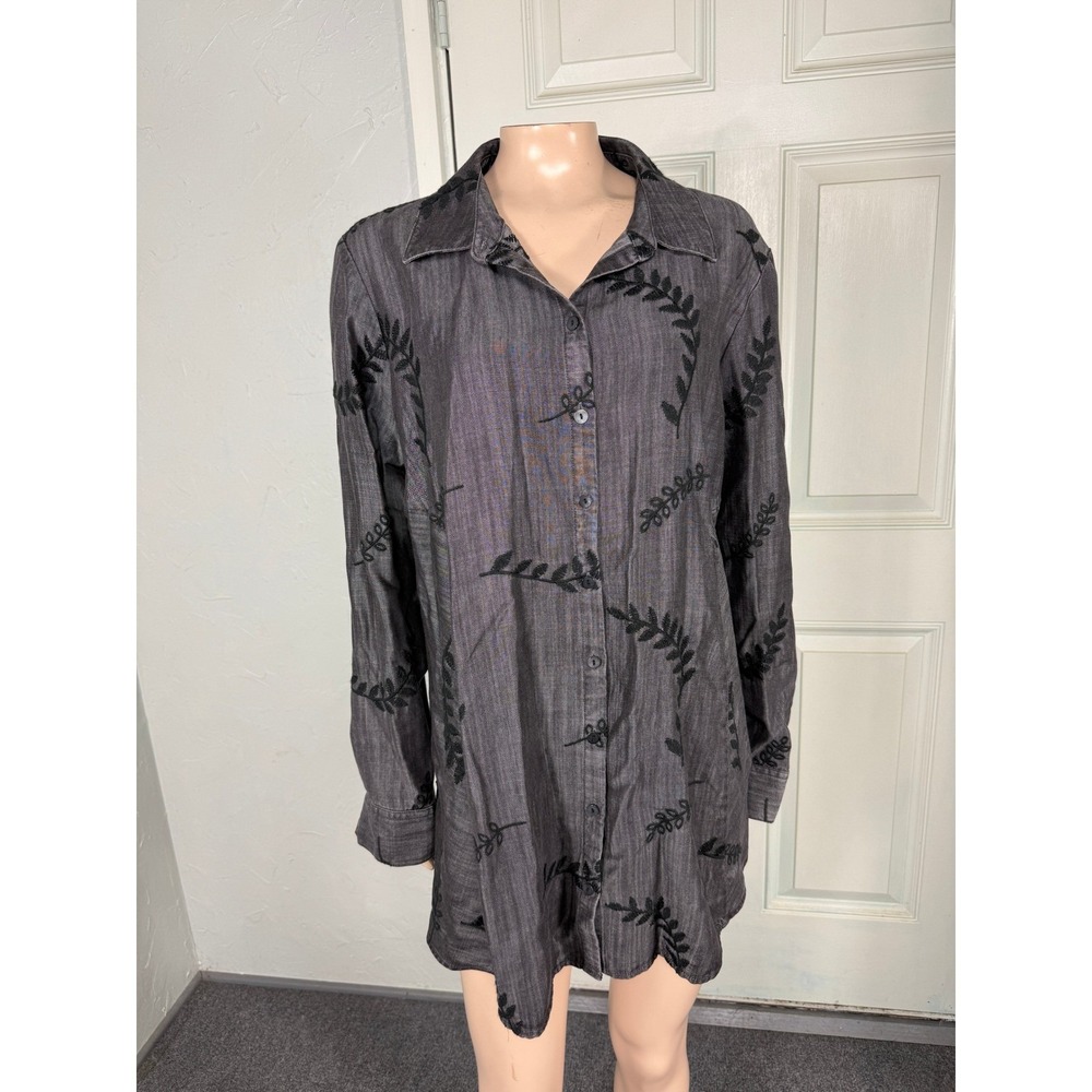 Soft Surroundings Button Women's Shirt L Floral Bohemian Embroidered Tencel I6